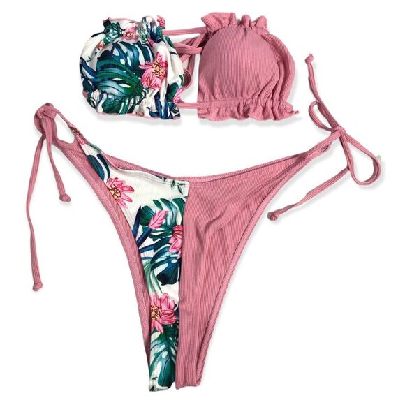 SHEIN Floral Print Frilly Trim Bandeau Side Tie Swimsuit Set - Picture 3 of 5
